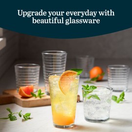 Libbey Hoops Tumbler and Rock Glass Set, Two Sized Nostalgic Retro Glass Cups Set, Dishwasher Safe Glasses Drinking Set of 16 for Any Occasion