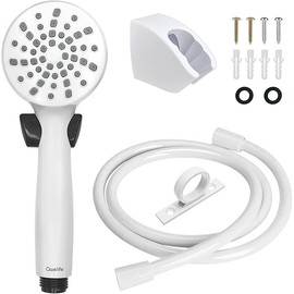 RV Shower Head with Hose and On Off Switch (Trickle), Water Saving High Pressure Shower Head with Hose Guide Ring, Shower Holder for RV, Camper, Van, Travel Trailer, Motorhome, Boat, White