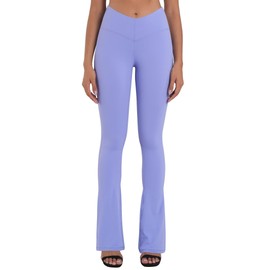 Sunzel Mini Flare Leggings for Women V Crossover Mid Rise Workout Flared Yoga Pants with Tummy Control and Wide Leg 32" Periwinkle Small