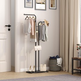 HOMEFORT Coat Rack, Freestanding Metal Coat Racks, Double-pole Clothes Hat Stand with 5 Hooks for Closet, Bedroom, Entryway, Living Room, Black