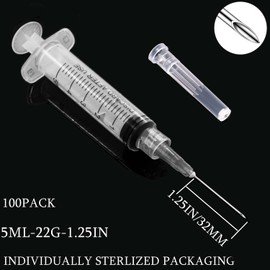 DM YOSLEB 100 Pack 5ml/cc Plastic Luer Lock Syringa with 22Ga and Cap, Individually Sealed Wrapped, for Scientific Labs, Measuring Liquid, Refilling Cartridges or Glue Applicator
