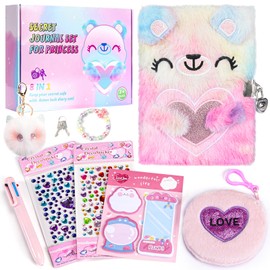 Diary for Girls Age 8-12, Girls Journal with Lock and Key, Kids Journal for Little Girls Birthday Gift, Cute Notebook with Multicolors Pen and Purse, Locking Diary Fuzzy Notebook for Writing (Pink)