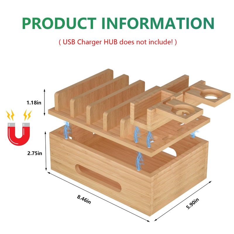 Bamboo Charging Station for Multiple Devices, Desktop Organizer Docking Station,
