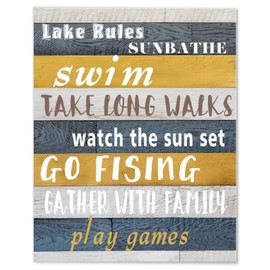Lake Rules Decor Wooden Signs, go Fishing Custom Quote Lake Decorative 16X20 Inch