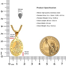 Yaumatea St. Florian Necklace, Patron Saint of Firefighters, Protection Medal, Catholic Gift, Stainless Steel 24" Chain (Gold)