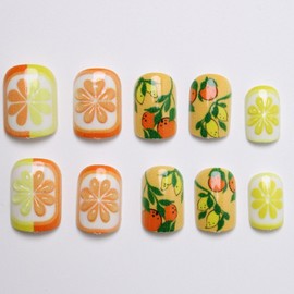 Summer Press on Nails Extra Short Almond Fake Nail with Lemon & Oranges Designs Glossy Yellow False Nails Acrylic Glue on Nail Full Cover Fruit Artificial Stick on Nails for Women 24 Pcs