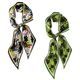 Cabreche 2PC Hair Head Scarf Neck Scarves Silk Feeling Long Oblique Angle Satin Cute Women Girls Handbag 59 * 6.7'' (AP19-Flower Cat)