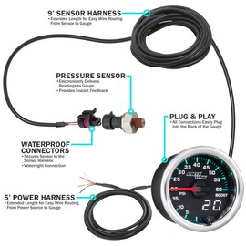 MaxTow Match 60 PSI Turbo Boost Gauge Kit for 2014-2020 Silverado Sierra 6.6L Duramax Diesel Truck - Includes Pressure Sensor - Double Vision Display with Analog & Digital Readouts - 2-1/16"
