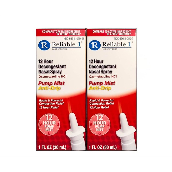 Nasal Spray by Reliable 1 Laboratories | 12 Hour Relief Nasal Decongestant | Rapid and Powerful Sinus Relief Nose Spray | Pump Mist Anti Drip Congestion Relief | Oxymetazoline HCI | 1 Fl Oz, 2-Pack