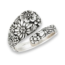 Victorian Flower Open Adjustable Spoon Ring .925 Sterling Silver Band Size 7