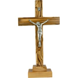 Catholic Standing OR Hanging Crucifix Cross, Certified Olive Wood Home Décor Table and Wall Cross from Jerusalem, Israel, Holy Land Tabletop Jesus Crucifixion Cross for Desk, Crucifijo Católico Cruz