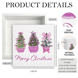 HYKDFMNCJ Coquette Bow Chinoiserie Christmas Tree Wooden Box Sign Desk Decor, Purple Christmas Decor, Grandmillennial Preppy Xmas Wood Signs for Home Office Desk Table Shelf Decorations, 5x5 Inch