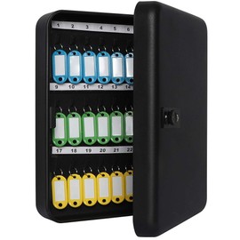 Jssmst Wall Mount Key Box with Code, Locking Key Cabinet Security Key Storage Box, 48 Key Hooks & Tags Key Labels, 11.81 x 9.45 x 2.95 inches, Black Matt