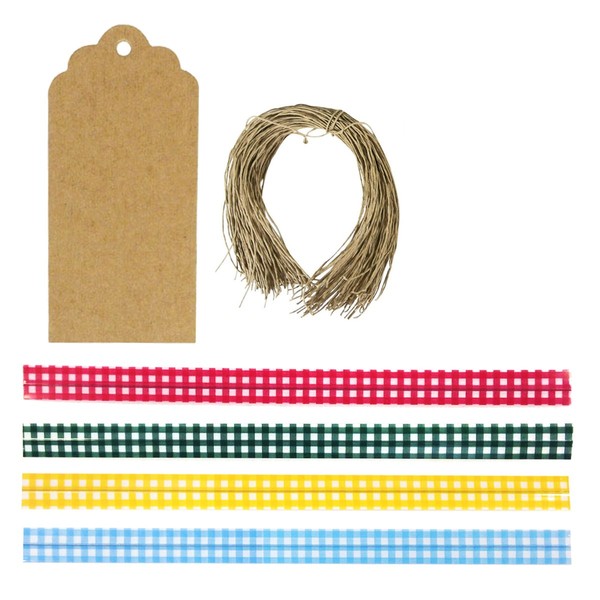 Wrapables 200pcs 4.75" Gingham1 Twist Ties with 20 Scalloped Gift Tags/Kraft Hang Tags and Free Cut Strings for Baked Goods, Cake Pops, Party Favors, for Sealing Goody and Treat Bags, and Cello Bags