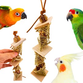 Bonka Bird Toys 1133 Mahogany Maze 9" x 2" Bird Toy with Vine Caps Balsa Slats Mahogany Chunks and Leather for Small to Medium Birds Cockatiels Conures Ringnecks Cage Play