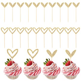 Xinjoduz 24 PCS Glitter Wedding Cupcake Toppers, Mini Love Heart Cupcake Toppers Sticks for Valentine's Day Wedding Engagement Bridal Shower Happy Birthday Party Decorations(Gold, 2 Style)