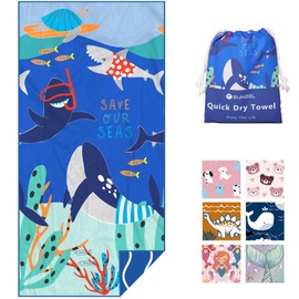 Eunzel Microfiber Kids Beach Towel, Quick Dry Towels for Girls & Boys Sand Free Travel Towel for Beach, Camping, Swim Pool 60"x30"，Sea Friends