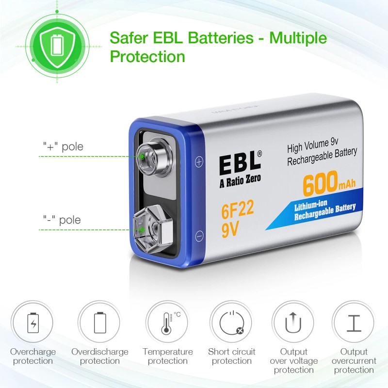 EBL 2Pcs EBL 9V 600mAh 6F22 Li-ion Rechargeable Batteries 9Volt
