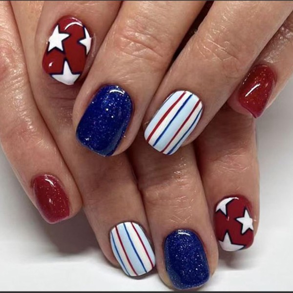 4th of July Press on Nails Short Square Fake Nails