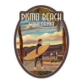 Die Cut Sticker Pismo Beach, California, Surfer and Pier, Contour Vinyl Sticker 1 to 3 inches (Waterproof Decal for Cars, Water Bottles, Laptops, Coolers), Small