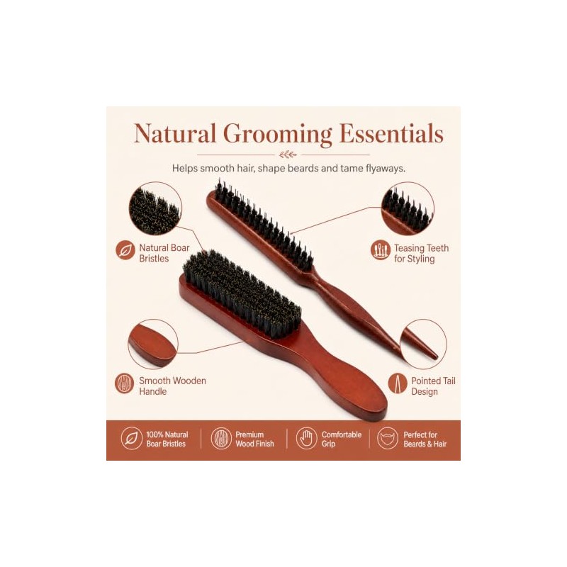2 Pcs Boar Bristle Hair Brush, Slick Back Hair Brush