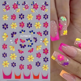 4 Sheets Colorful Flower Nail Art Stickers Decals 5D Embossed Spring Nail Decals Self-Adhesive Daisy Butterfly Heart Nail Design French Tips Nail Supplies Accessories for Women Girls Nail Decoration