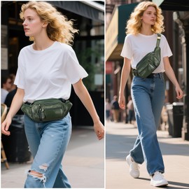 Genuine Leather Fanny Pack large capacity Crossbody Waist Bag with Zipper phone Pockets green