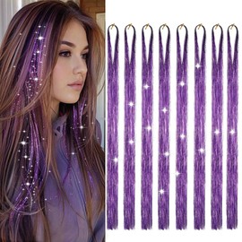Hair Tinsel Purple 50inch 8packs 1600 Strands Tinsel Hair Extensions Shiny Hair Accessories Sparkling Fairy Glitter Hair Extension for Women Girls Kids(50",Purple)