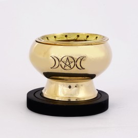 Indian Consigners Triple Moon Brass Charcoal Screen Incense Burner with Wooden Coaster & Grill Altar, Spiritual, Ritual, Witchcraft & Witchery Use (Triple Moon Pentagram Burner)