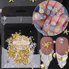 Summer Nail Charms, Ocean Style Starfish Scallop Half-Round Pearl Mixed Mini Nail Jewelry Gold Nail Rhinestones Pearls Ocean Theme Designs Metallic Slice DIY Manicure Nail Parts Y2K for Nails