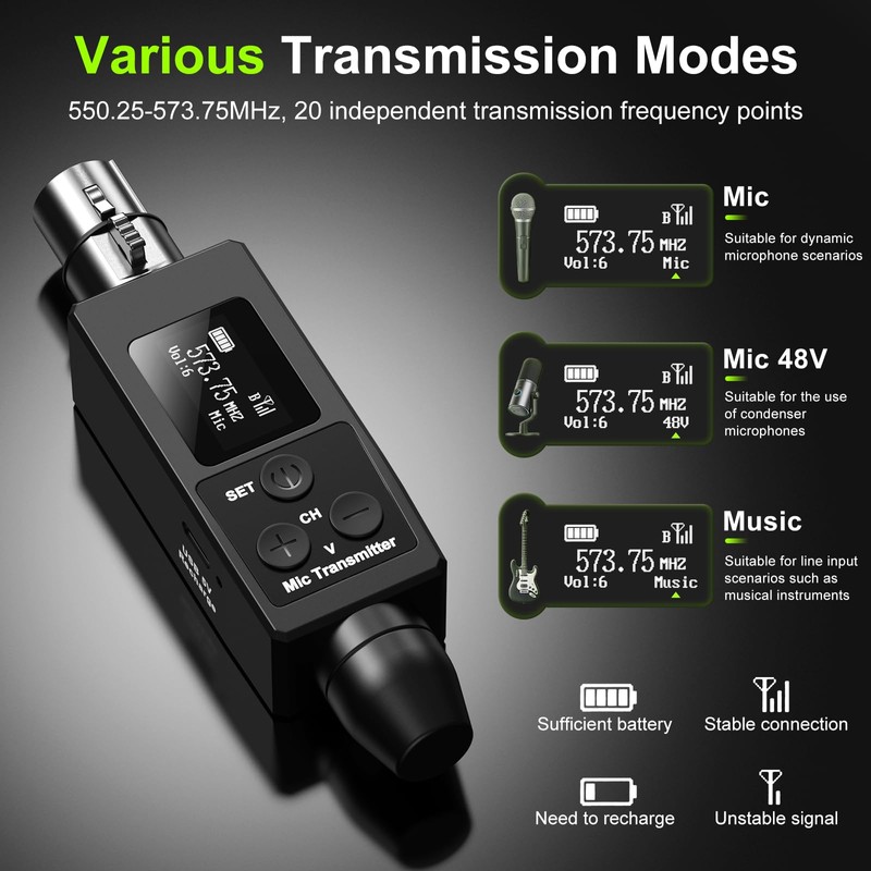 Riworal Wireless XLR Transmitter and Receiver Rechargeable Mic Adapter UHF
