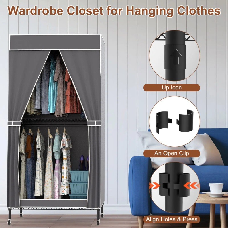 Portable Grey 2-Tier Clothing Rack with 4 Wheels 2 Hanging