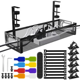 Under Desk Cable Management Tray, SONATURE Cord Organizer with Clamp Mount, No Drill, Carbon Steel, Cable Management Box, Wire Management, Cable Organizer for Home Office - No Damage to Desk, Black