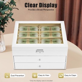 HaoYunNe Sunglasses Organizer 24 Slots Multiple Pairs Glasses Storage Case Box Eyeglasses Display Case with 3 Drawers and Glass Lid (White)