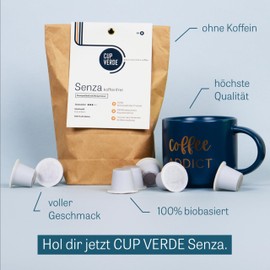 CUP VERDE 30 SENZA Caffeine Free Coffee Capsules Nespresso* Compatible/Full Flavour Caffeine Free in Home Compostable Capsule (30 Capsules)