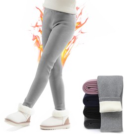 TXJ Sports Girls Fleece Lined Leggings Cotton Warm Leggings Full Length Pants Kids for Winter Light Grey