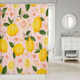 Feelyou Lemon Shower Curtain Kids Cartoon Lemon Fabric Shower Curtain Citrus Bathroom Waterproof Accessories with 12 Hooks for Women Men Yellow Pink Curtains,72x72 Inches