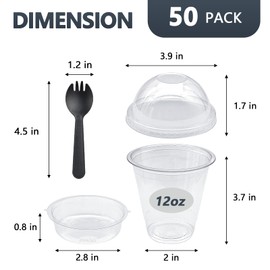 Slomg 50 Pack 12 oz Plastic Parfait Cups with Dome Lids Inserts and Sporks, Disposable Clear To Go Cereal Yogurt Dessert Cup, Reusable Leakproof Container for Snack Cold Drink Ice Cream Salad Oatmeal