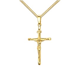 JEVELION Cross Pendant Jesus Christ with INRI Engraving and Curb Chain for Women, Men and Children as Gold Cross Chain Pendant with Jewellery Case + Chain, 333 yellow gold