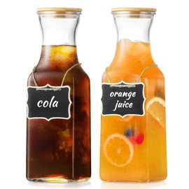 Lacusmall Set of 2 Square Glass Carafe, 1 Liter Beverage Serveware Carafe with Bamboo Lid, Water Bottles, Clear Glass Pitchers for Mimosa Bar, Milk, Juice, Lemonade(2 Bottles)