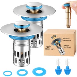 2Pack Universal Bathroom Sink Stopper Replacement,Pop Up Sink Drain Strainer Hair Catcher,Solid Brass Silent Popper Core/Stopper,Stainless Steel Removable Filter Basket for 1.05~2.0''Hole (2pack)