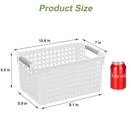 4 Pack Plastic Storage Basket with Handles, Small Deep Organizer Bin with Hollow Design for Under Counter, Shelf, Closet, Kitchen or Bathroom (White, Small)