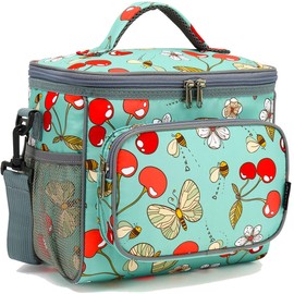 FlowFly Insulated Reusable Lunch Bag Adult Large Lunch Box for Women and Men with Adjustable Shoulder Strap,Front Zipper Pocket and Dual Large Mesh Side Pockets,Cherry