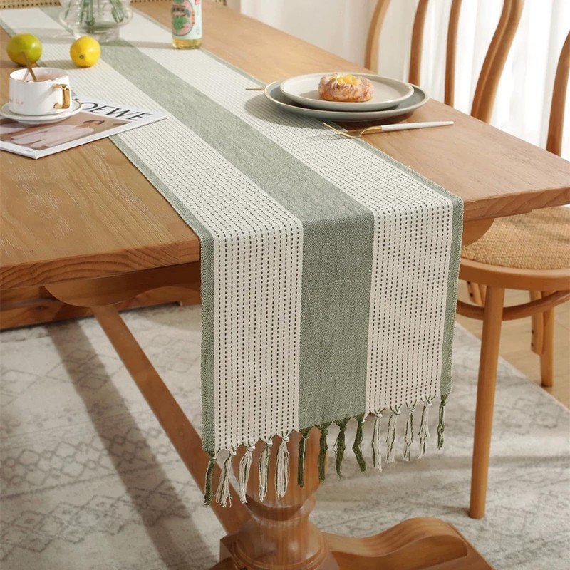 Table Runner with Tassels, 33x183cm Sage Green Tassel Table Runner,