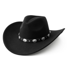 Lanzom Women Men Felt Wide Brim Western Cowboy Hats Belt Buckle Panama Hat(Black, Medium)