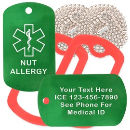 Custom 2 Pack - Nut Allergy Medical Alert ID Necklaces with Green Custom Tags, Red Silencers, and 30'' USA Chains
