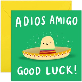 Old English Co. Funny Leaving Card for Friends - 'Adios Amigo' Mexican Hat Cute Farewell Card for Him or Her - Good Luck New Job Card for Colleague - Cute Design for Him Her| Blank Inside Envelope