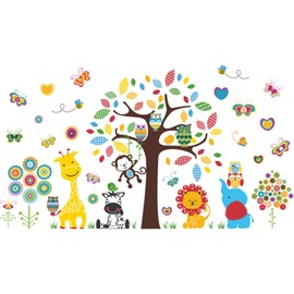 WOHAHA Animal Lovely Cartoon Picture Forest Animals Tree Butterfly Wall Paper Small Flowers Kindergarten Nursery Nursery Nursery Wall Decor DIY Monkey Climbing Tree Elephant Giraffe Lion Zebra Owl