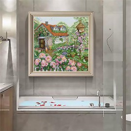 JOYSEWING Garden Bungalow Stamped Kits Cross Stitch Kits Beginners Embroidery 11CT Needlepoint Kits Counted Patterns Embroidery DIY Home Decoration- (The Rose Cottage (Printed)) 18.9×18.9 inch