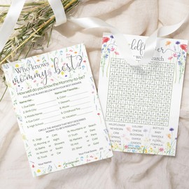 DISTINCTIVS Little Wildflower Baby Shower Games - Who Knows Mommy Best and Word Search (2 Game Bundle) - 20 Dual Sided Cards - Baby in Bloom Games